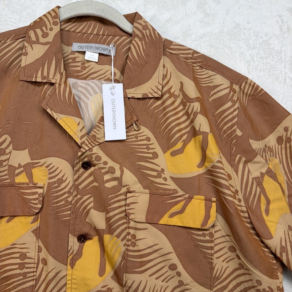 Outerknown Hawaiian Aloha Shirt Brown Tropical Print Resort Camp Collar Large
